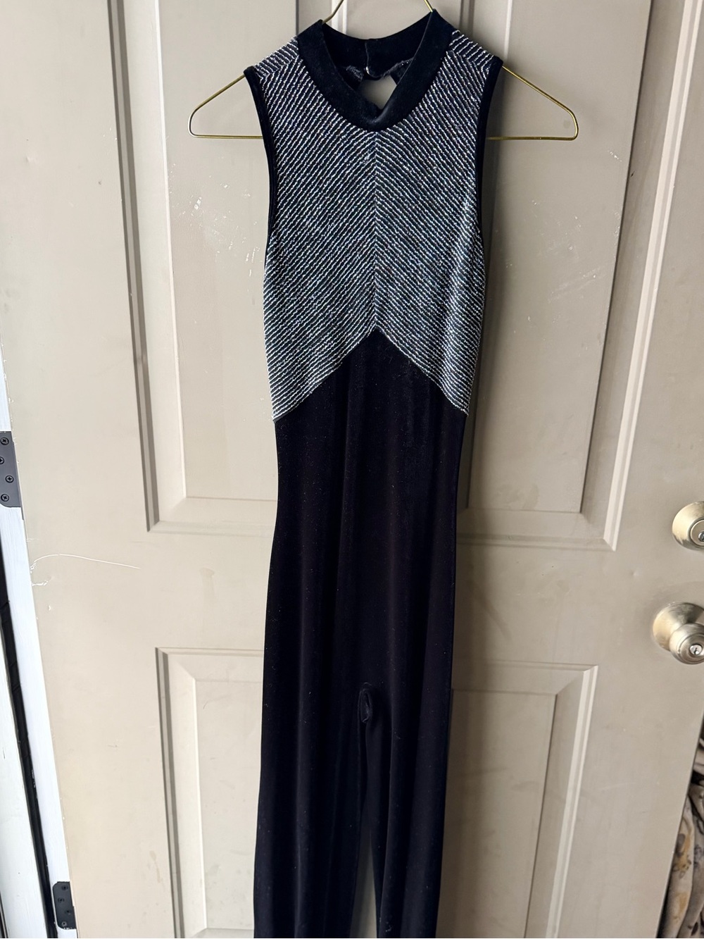 Varsity juniors Black Velvet with Silver Metallic Detail Dance suit.